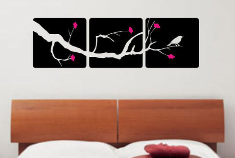3 Box Panel with Branch Flowers and Bird Decor Nature Decal Sticker Wall Vinyl Art Design - boop decals - vinyl decal - vinyl sticker - decals - stickers - wall decal - vinyl stickers - vinyl decals