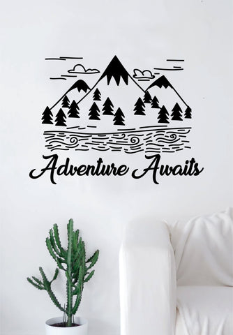 Adventure Awaits V9 Quote Decal Sticker Wall Vinyl Art Home Room Decor Travel Inspirational Wanderlust Mountains Trees