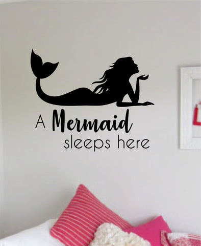 A Mermaid Sleeps Here Wall Decal Sticker Vinyl Art Decor Room Bedroom Inspirational Girls Teen Ocean Beach Sea Cute Quote Baby Nursery