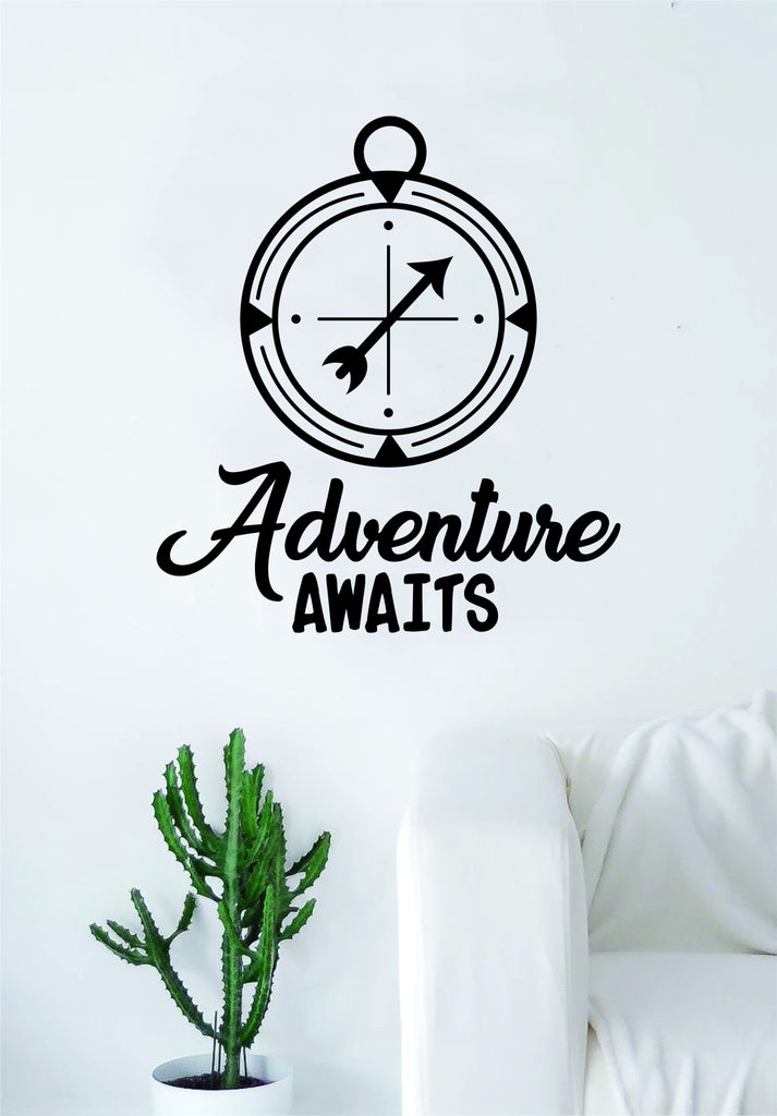 Vinyl Wall Decal Compass Adventure Awaits Inspiring Quote Stickers