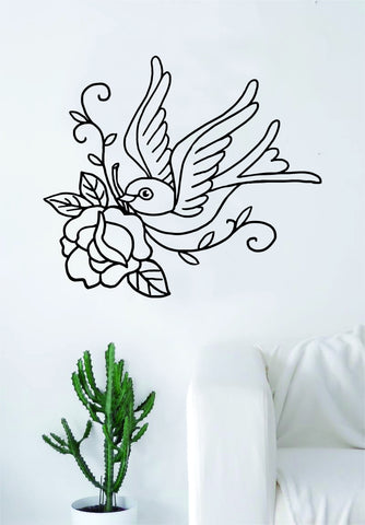 Bird Rose Tattoo Wall Decal Sticker Room Art Vinyl Home House Decor Traditional Swallow Love Beautiful
