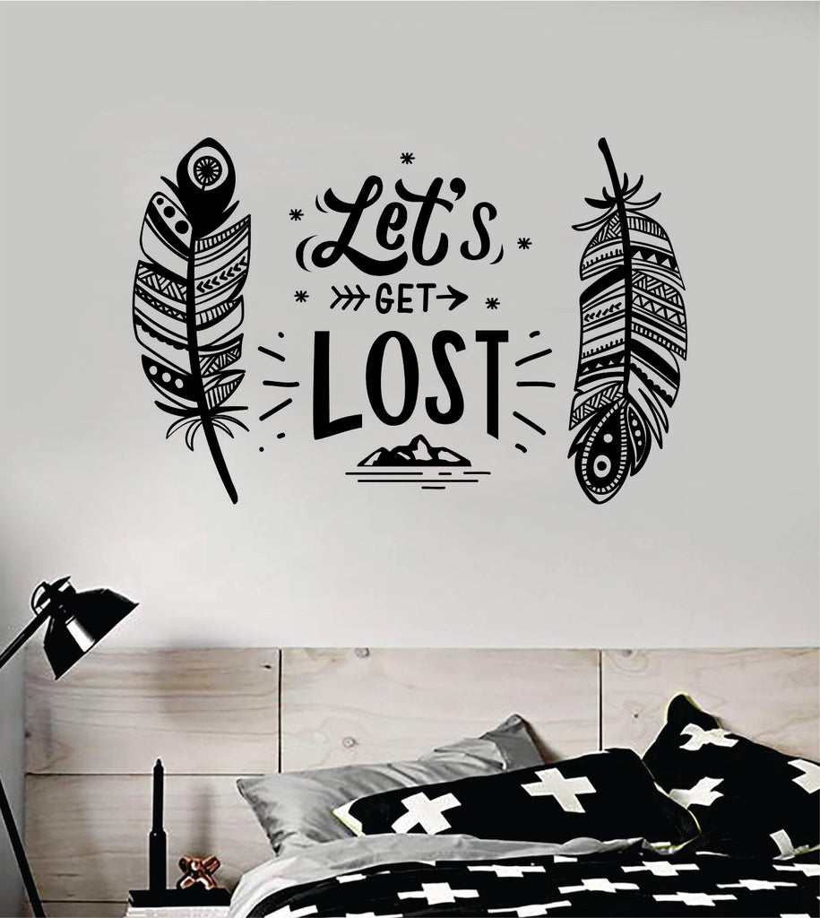 Feathers Let's Get Lost Decal Sticker Wall Vinyl Art Wall Bedroom Room Home  Decor Teen Inspirational Tattoo Boho Baby Kids Adventure Travel