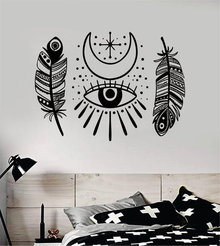 Feathers Moon Eye Decal Sticker Wall Vinyl Art Wall Bedroom Room Home Decor Teen Inspirational Yoga Zen Meditate Namaste Tattoo Boho All Seeing