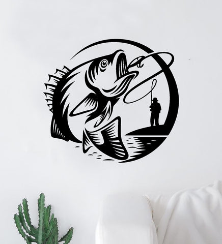 Fish Fishing V2 Wall Decal Sticker Vinyl Art Bedroom Room Decor Quote Vacation Relax Boat Lake Summer Man Cave River Ocean Men Dad Family Fisherman Nature