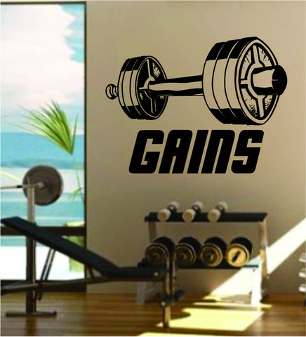 Gains v2 Gainz Quote Fitness Health Work Out Gym Decal Sticker Wall Vinyl Art Wall Room Decor Weights Dumbbell Motivation Inspirational