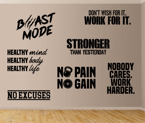 Gym Pack Set of 7 Designs Wall Decal Sticker Vinyl Art Wall Room Home Decor Quote Motivational Inspirational Fitness Health Lift Beast Train Exercise