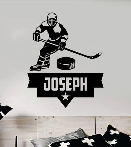 Custom Hockey Name Wall Decal Sticker Vinyl Art Bedroom Room Home Decor Quote Kids Teen Nursery Baby Boy Girl Man Cave Ice Skate Puck Stick Winter Sports