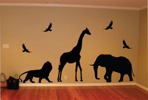 Safari Animals Giraffe Lion Elephant Birds Design Animal Decal Sticker Wall Vinyl Decor Art