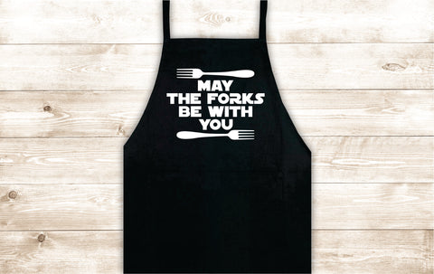 May the Forks Be With You Apron Heat Press Vinyl Bbq Barbeque Cook Grill Chef Bake Food Kitchen Funny Gift Men Girls Star Wars Yoda Force Jedi Vader