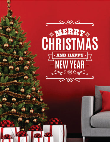 Merry Christmas and Happy New Year Quote Wall Decal Sticker Bedroom Living Room Art Vinyl Beautiful Inspirational Decor Xmas Tree Joy Santa Decoration Holidays