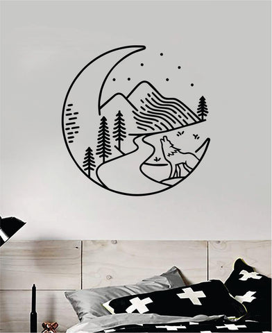 Moon Mountains V3 Wall Decal Sticker Bedroom Room Art Vinyl Beautiful Inspirational Travel Adventure Wanderlust Teen Kids Baby Nursery Trees Stars Moon Wolf