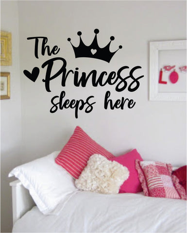 The Princess Sleeps Here Wall Decal Decor Art Sticker Vinyl Room Bedroom Home Girls Baby Daughter Nursery Playroom Crown Queen