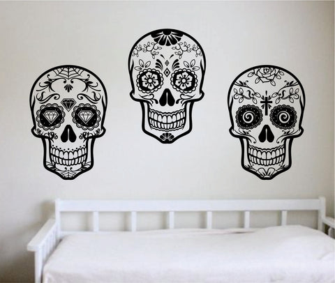 Three Sugar Skulls Art Wall Decal Sticker Vinyl Room Bedroom Decor Teen Halloween Sugarskull Day of The Dead Scary Tattoo Zombie