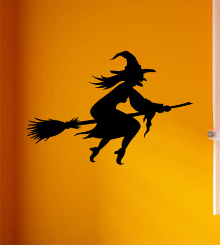 Witch Flying Broom Wall Decal Home Decor Vinyl Art Sticker Holiday October Halloween Trick or Treat Pumpkin Ghost Scary Skull Kids Boy Girl Family