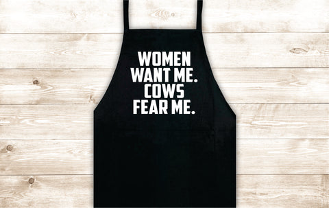 Women Want Me Cows Fear Me Apron Heat Press Vinyl Bbq Barbeque Cook Grill Chef Bake Food Kitchen Funny Gift Men